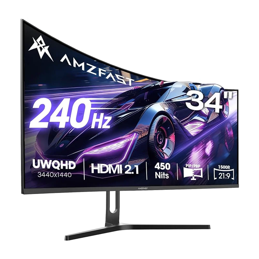 Amzfast Écran PC Gamer 34 Pouces 240Hz/UWQHD Moniteur Incurvé 3440x1440 (21:9), 450 nits, Eyes Care, sRGB 130%, Adaptive Sync, HDR400, HDMI 2.1x2, DP 1.4x2, VESA 75x75, PIP/PBP, AMZG34C5QPro