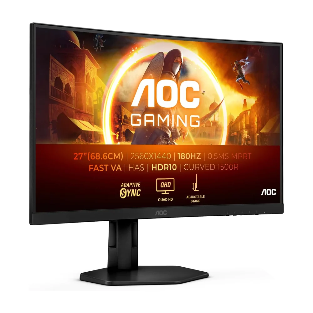 AOC Gaming Moniteur Incurvé, CQ27G4X 27 Pouce 180Hz Fast VA Dalle, 1ms GtG, HDR10, FreeSync, Ajustable en Hauteur, (2560x1440 HDMI 2X 2.0 DP 1x 1.4) Noir