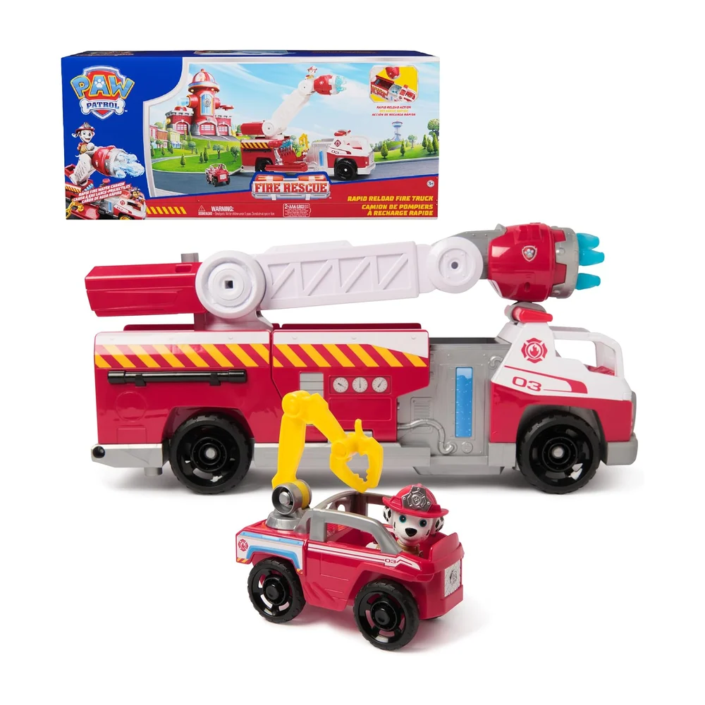 Camion de pompiers « Fire Rescue Rapid Reload » de La Pat' Patrouille avec figurine de Marcus Camion de pompiers interactif, lanceur de projectiles d'eau, échelle de sauvetage mobile ; jouet d'imitation pour garçons et filles à partir de 3 ans