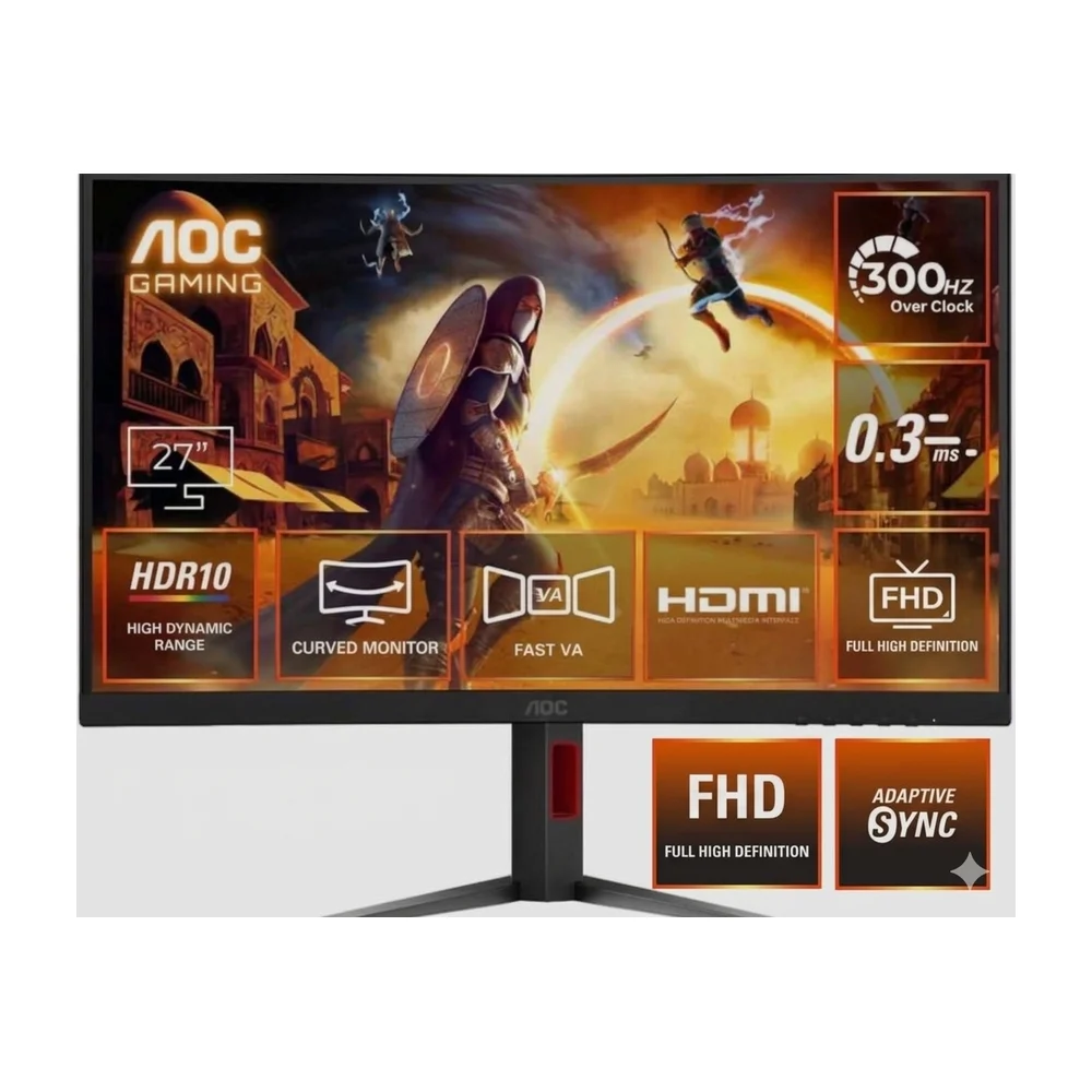  Écran gaming incurvé AOC 27 pouces FHD 300 Hz VA 0,3 ms,  Écran PC, compatible consoles, garantie 3 ans « zéro pixel brillant »
