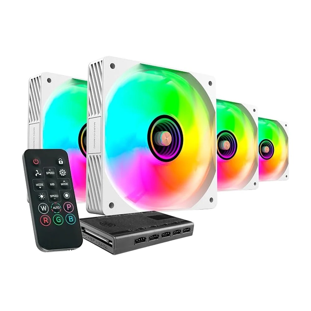 Mars Gaming MF-SI4KIT, Kit de 4 Ventilateurs Ultra-Silencieux 120mm, Éclairage ARGB Miroir Infini, Roulements FDB et Noyau en Cuivre, Télécommande et HUB, Compatibilité Totale ARGB, Blanc