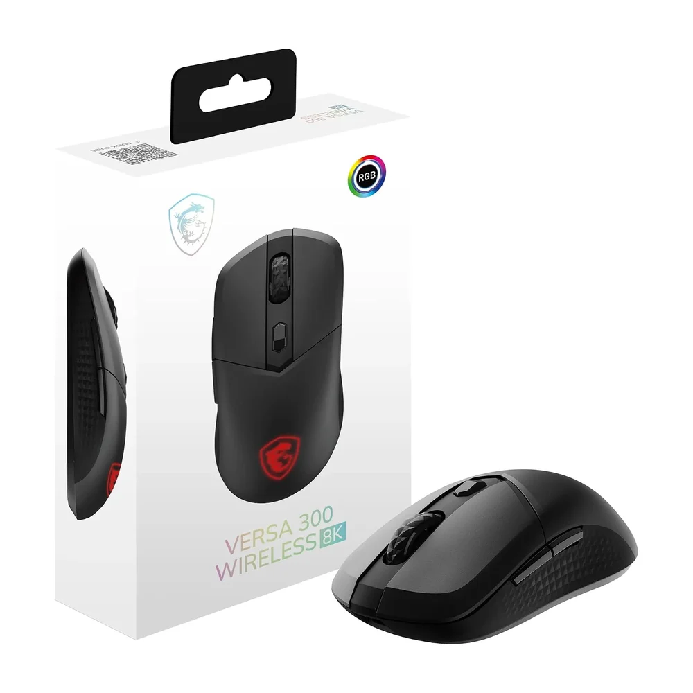 MSI Versa 300 Wireless 8K Souris Gaming Optique sans-Fil/Filaire 26000 DPI, 8000Hz/0,125ms, symétrique, micro-switches 60M+ clics, 6 boutons, batt. 196h, RGB, 66g, 2,4Ghz/Bluetooth/USB 2.0