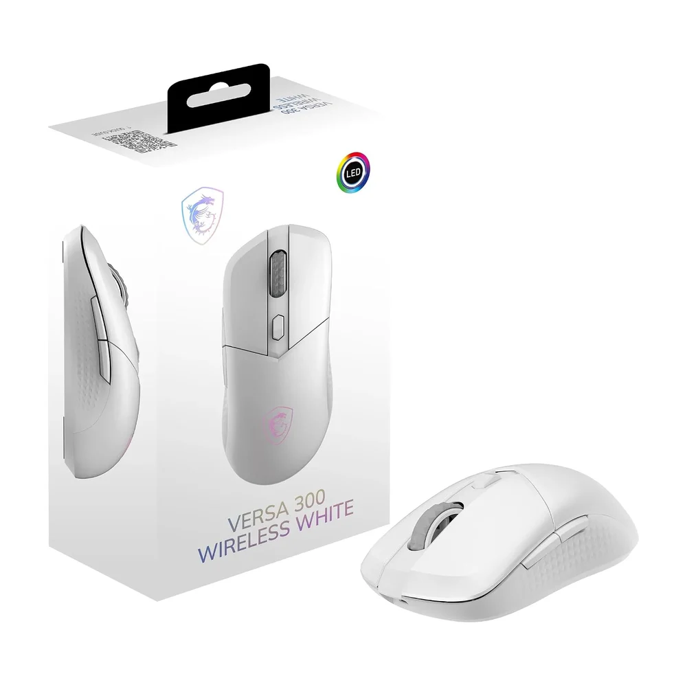 MSI VERSA 300 WIRELESS WHITE Souris Gaming - Capteur Optique 8000 DPI, taux de Rapport 1000 Hz, symétrique, Micro-switches Kailh 30M+ clics, 6 Boutons, Batt. 50h, Latence 1ms, RGB, 60g - avec/sans Fil