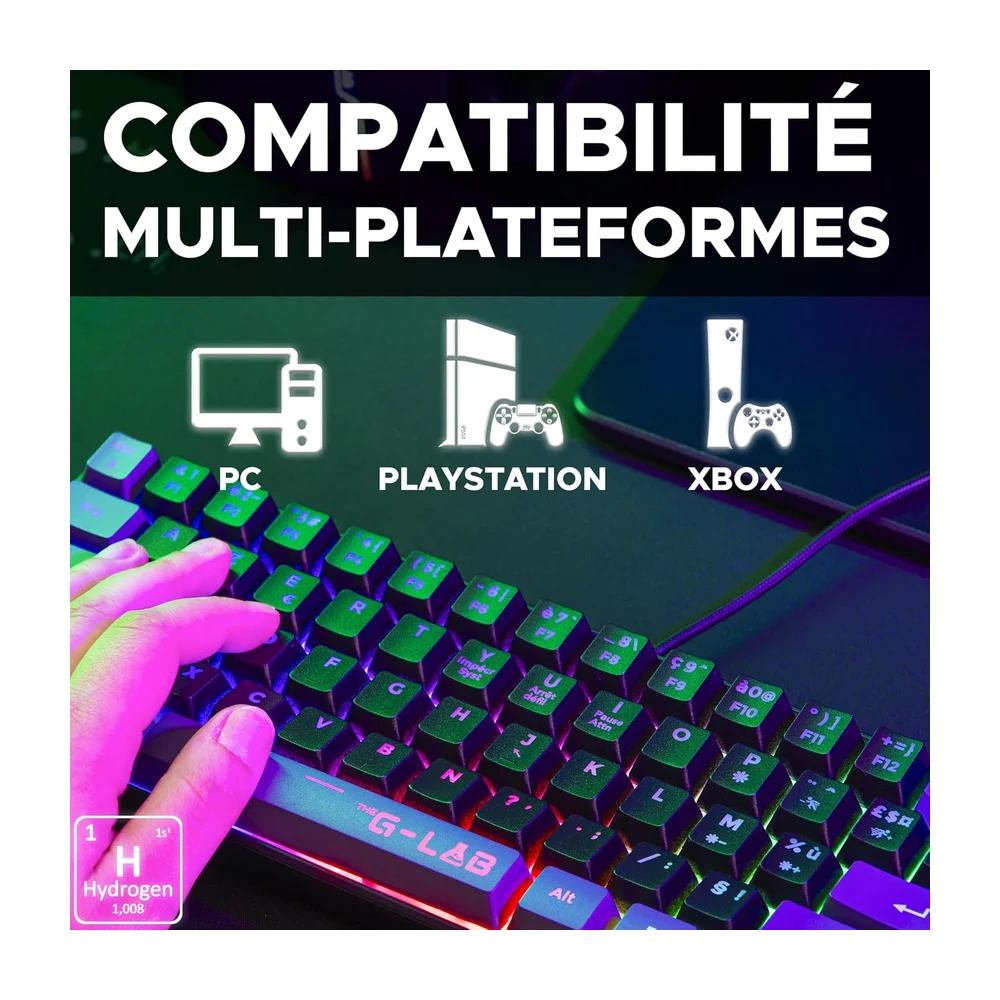 The G-Lab Keyz Hydrogen, Clavier Gamer 60%, Semi-mécanique Filaire Azerty, Rétroéclairage Multicolore - Mini Clavier Gamer Silencieux, Format Compact TKL - Pc/ps4/ Ps5 - New, Noir - 2