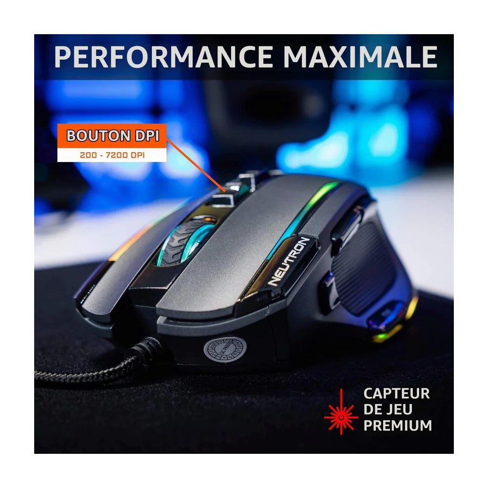 The G-Lab Kult Nitrogen Neutron Souris Gamer Filaire Haute Précision - Capteur Optique 7200 DPI, RGB, 9 Boutons Programmables, Ultra Légère, Idéale MOBA/FPS - Compatible PC/PS4/Xbox One - Noire - 3