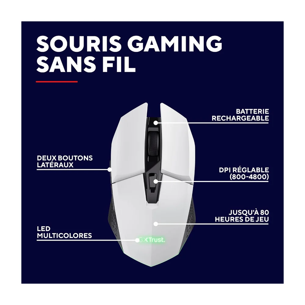 Trust Gaming GXT 110W Felox Souris Gamer sans Fil Rechargeable, 80 Heures d'autonomie, 800-4800 PPP, Éclairage LED Multicolore, 6 Boutons, Souris Gaming pour PC, Ordinateur, Windows – Blanc - 2