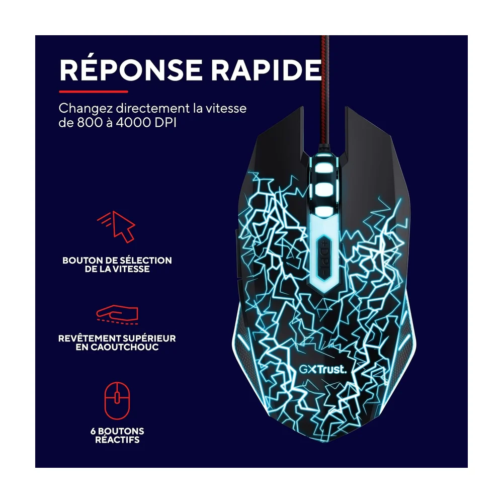 Trust Gaming GXT 783X Izza Souris Gamer et Tapis de Souris, 800-4000 DPI, Éclairage LED, 6 Boutons