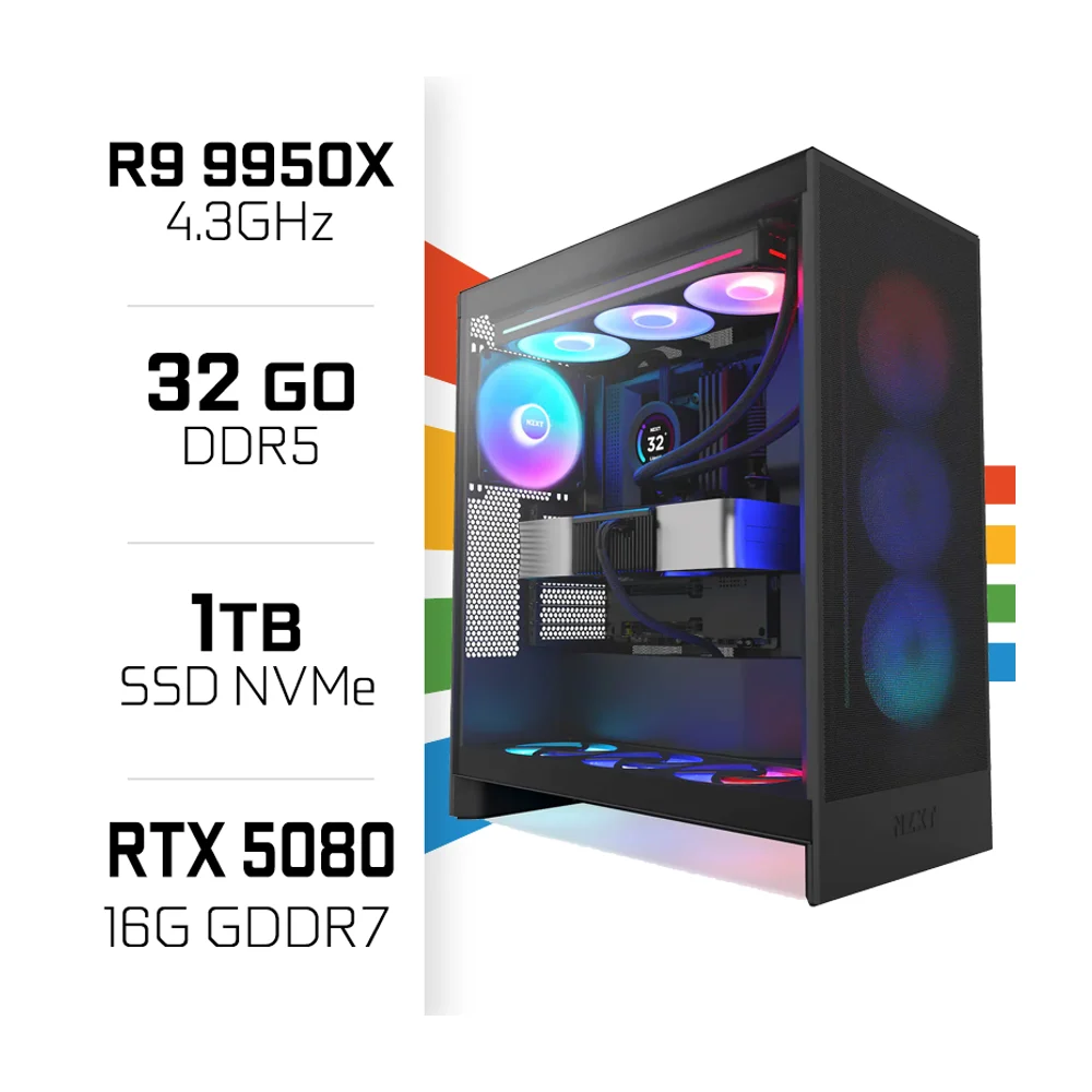 YSTEMTREFF PC Gamer High-End - AMD Ryzen 9 9950X - RTX 5080 16Go AMD 16 cœurs jusqu'à 5.7 GHz, 32Go DDR5, 2To M.2 NVMe SSD, Nvidia graphique WiFi, Windows 11, pour le gaming, streaming - 1